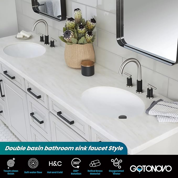 gotonovo 3 Hole 2 Handles Lavatory Basin Bathroom Sink Faucet with Pop Up Drain with Hot and Cold Mixer Valves 8 Inch Widespread Bathroom Faucet Black & Brushed Nickel
