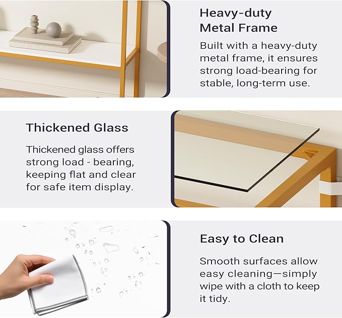 Furnify Console Sofa Table, 52" Modern Entryway Table, 2-Tier Open Shelf with Tempered Glass, Metal Frame Behind Couch Table with Gold Metal Frame for Living Room Hallway Entrance, White
