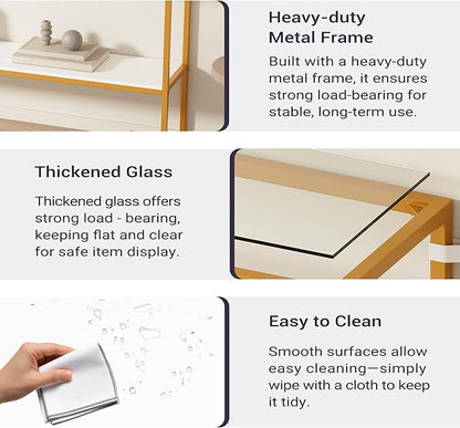 Furnify Console Sofa Table, 52" Modern Entryway Table, 2-Tier Open Shelf with Tempered Glass, Metal Frame Behind Couch Table with Gold Metal Frame for Living Room Hallway Entrance, White