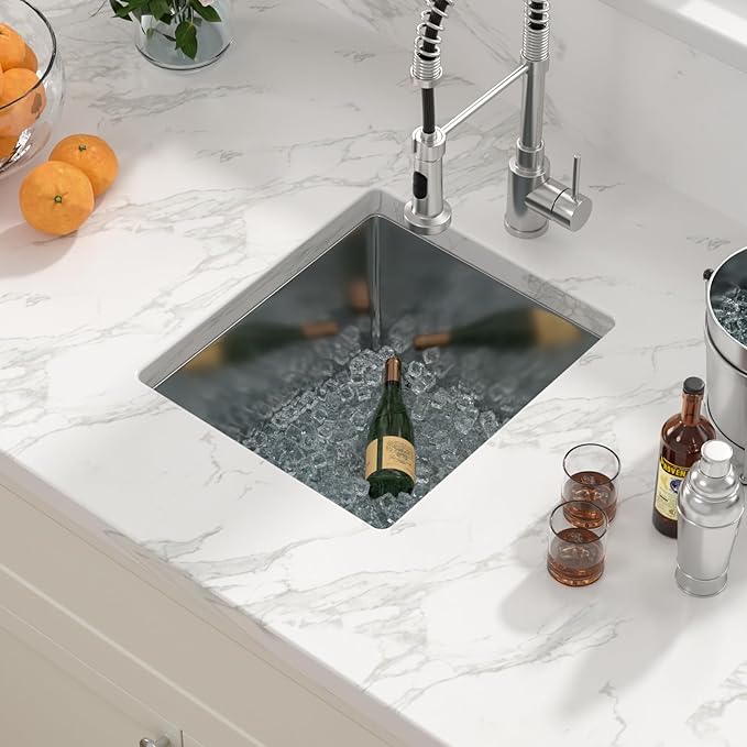 Sarlai 15 Inch Undermount Single Bowl Stainless Steel Kitchen Sink - 15" x 17" x 9.75" Deep Bowl, 16 Gauge, Brushed Finish, Basket Drain, Undermount Installation