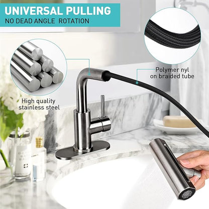 Bathroom Faucet, Single Handle Pull Out, 1 or 3 Holes, Stainless Steel, Brushed Matte Black, 24 Inch Hose, 4 Mode Sprayer, Deck Mount, Bathroom Sink Vanity