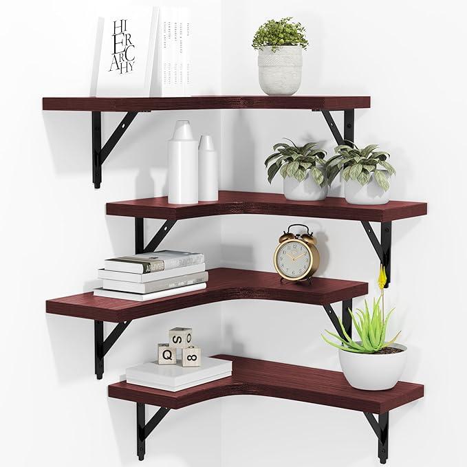 ROMGUAR CRAFT Corner Floating Shelves Wall Mounted Set of 4, Rustic Wood Storage Display Wall Shelves for Home Decor, Bathroom, Kitchen, Bedroom, Living Room, Office (Red)