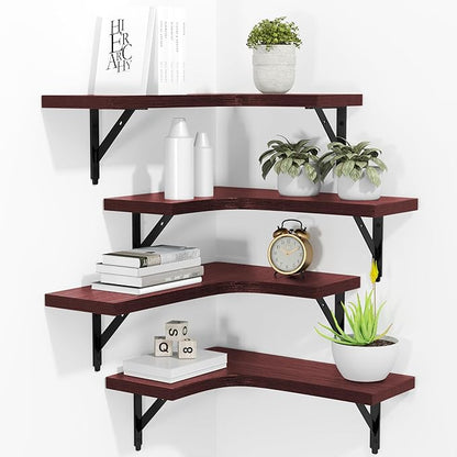 ROMGUAR CRAFT Corner Floating Shelves Wall Mounted Set of 4, Rustic Wood Storage Display Wall Shelves for Home Decor, Bathroom, Kitchen, Bedroom, Living Room, Office (Red)
