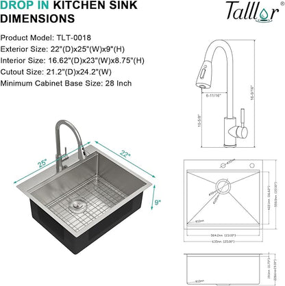 25" Drop In Kitchen Sink with Faucet Combo - 25x22 Kitchen Sinks Drop In and Faucet Combo Set Workstation 16 Gauge Stainless Steel Topmount Single Bowl Over Counter Sinks Basin #TLT-0018