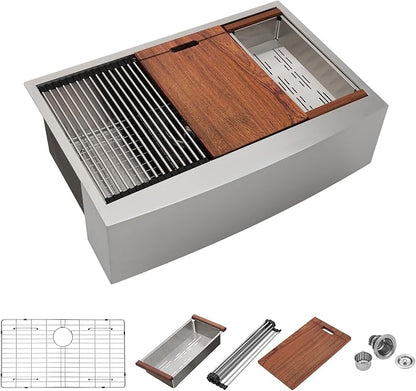 Mocoloo 30 Farmhouse Sink - 30 x 22 Inch Stainless Steel Undermount Kitchen Sink Workstation Ledge 16 Gauge Single Bowl Deep Basin Handmade Apron Front Farm Style Sinks