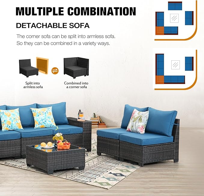 JOYURE 10 Pieces Patio Furniture Set All-Weather Outdoor Wicker Sectional Conversation Sofa Rattan Patio Seating Sofa with Cushion and Glass Table for Porch Poolside,Peacock Blue