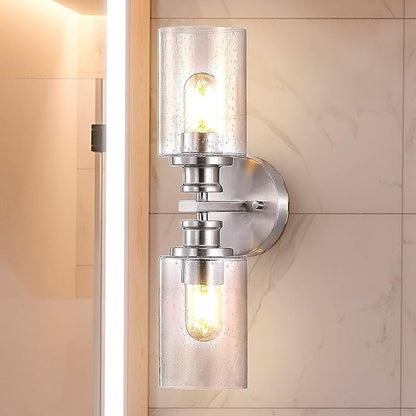 JONATHAN Y 16.5" Nickel 2-Light LED Wall Sconce, Modern Farmhouse Vanity Light with Seeded Glass Shade, Industrial Iron Fixture for Bathroom Mirror, LED Bulbs Included (JYL7577C)