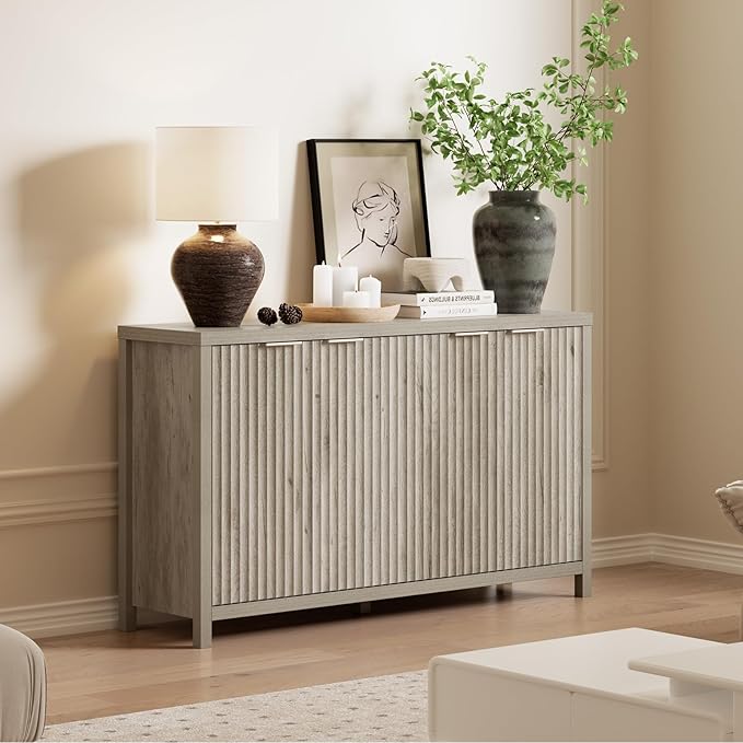 OAKHAM HOME Buffet Cabinet Fluted Sideboard 56" Accent Cabinet with Adjustable Shelves 4 Doors Modern Storage Credenza for Living Room Kitchen Hallway, Grey Ash Oak
