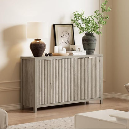 OAKHAM HOME Buffet Cabinet Fluted Sideboard 56" Accent Cabinet with Adjustable Shelves 4 Doors Modern Storage Credenza for Living Room Kitchen Hallway, Grey Ash Oak
