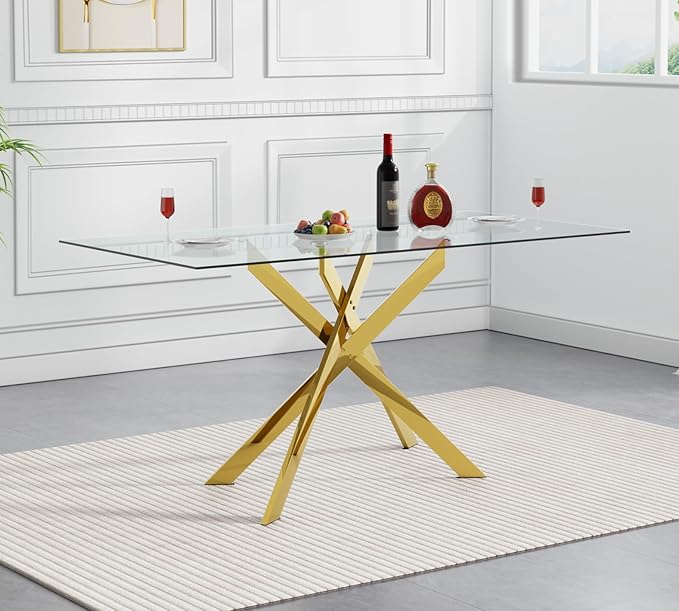 SSLine 51.2" Rectangle Glass Dining Table for 4 Modern Glass Tabletop Kitchen Table for 4 Luxury Dining Room Tables with Gold Nest-Shape Metal Base for Home Kitchen Dining Room