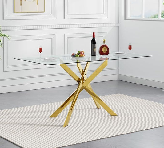 SSLine 51.2" Rectangle Glass Dining Table for 4 Modern Glass Tabletop Kitchen Table for 4 Luxury Dining Room Tables with Gold Nest-Shape Metal Base for Home Kitchen Dining Room