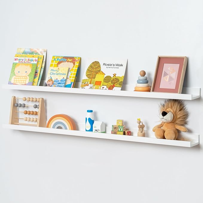 FLYJOE Picture Ledge Shelf, Floating Shelves Set of 2, Solid Ash Wood 48'' Long Large Nursery Book Shelves for Toys Storage, Kids Bookshelf for Living Room Bedroom Decor Books Photo Frames, White