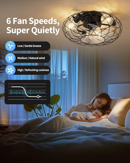 KDG 15.8″ Retro Low Profile LED Ceiling Fans with Light, Reversible Ceiling Fans Flush Mount with Remote and 6 Speeds, E26 Base Buld for Bedroom, Dinning Room, Kids Room, Kitchen