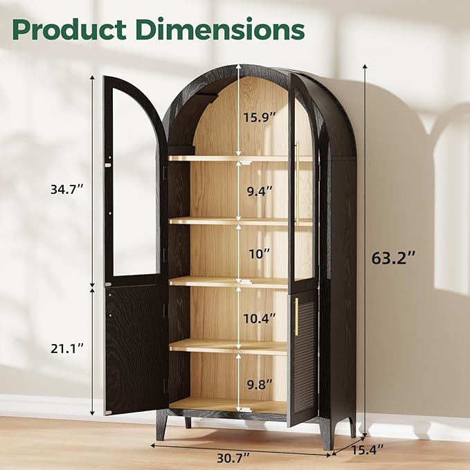 63" Arched Storage Cabinet, 5-Tier Modern Arched Cabinet with Glass Doors, Tall Arched Cabinet Adjustable for Living Room, Dining Room Office, Black ﻿