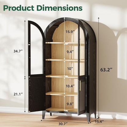 63" Arched Storage Cabinet, 5-Tier Modern Arched Cabinet with Glass Doors, Tall Arched Cabinet Adjustable for Living Room, Dining Room Office, Black ﻿