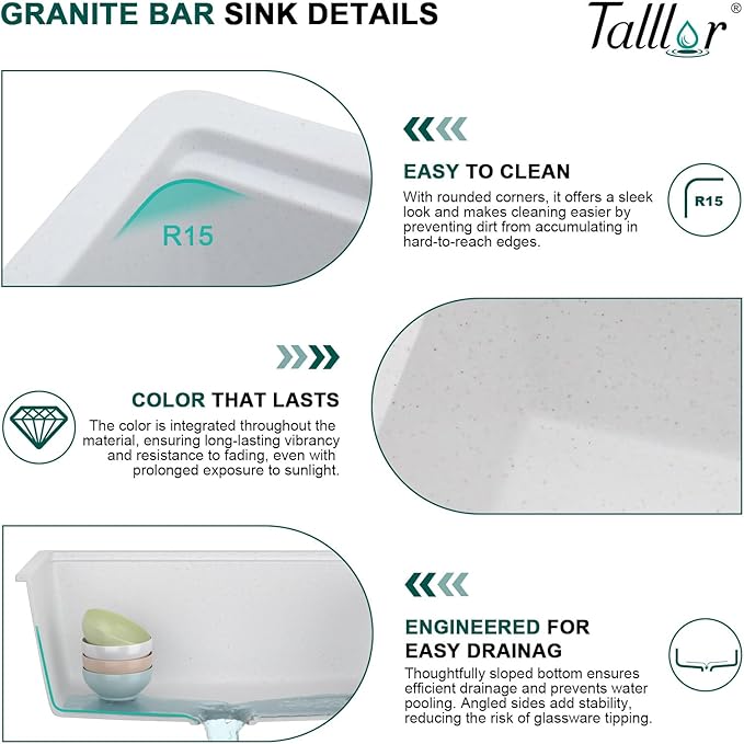 17"x17" White Undermount Bar Sink - Granite Composite Single Bowl Classic Quartz Under Counter Sink for RV, Kitchen Bar, Boat, and Outdoor #TLGU-133