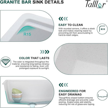 21 Inch White Undermount Bar Sink - Granite Composite Single Bowl Classic Quartz Wet Prep Sink for RV, Kitchen Bar, Boat, and Outdoor #TLGU-135