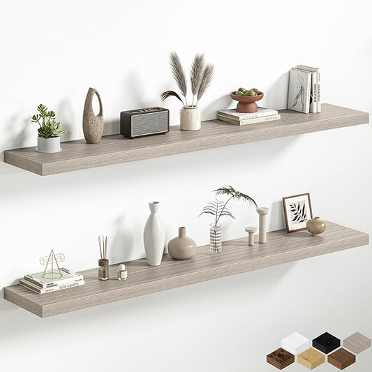 Fun Memories 66 Inch Floating Shelves, 12 Inch Deep Wall Shelf for Fireplace Mantel, Gray Deep Storage Shelves for Home & Office, Long Floating Shelf with Invisible Bracket, Set of 2