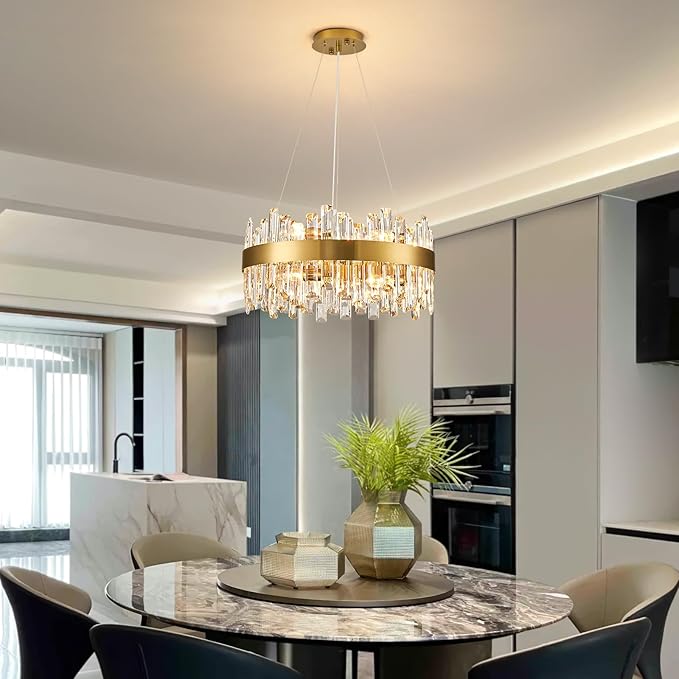Siljoy Modern Crystal Chandelier, 12-Light Dimmable Brass Gold K9 Crystal Raindrop Chandelier, Luxury Adjustable Crystal Pendant Ceiling Light for Living Dining Room Kitchen Island Entry Foyer D19.7''