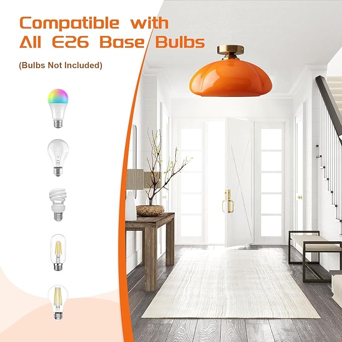 Bofea-Mid Century Modern Orange Milk Glass Ceiling Light,Vintage Gold Semi Flush Mount Ceiling Light with Orange Glass,11.8 in Small Hallway Lights,Farmhouse Semi Flush Lights for Bedroom,Foyer