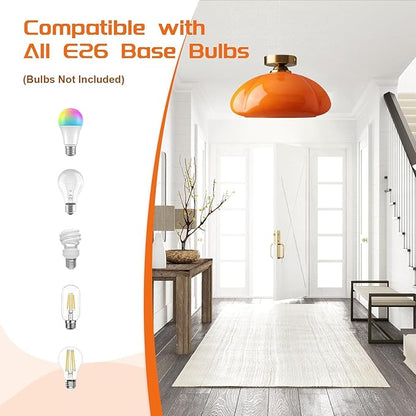 Bofea-Mid Century Modern Orange Milk Glass Ceiling Light,Vintage Gold Semi Flush Mount Ceiling Light with Orange Glass,11.8 in Small Hallway Lights,Farmhouse Semi Flush Lights for Bedroom,Foyer