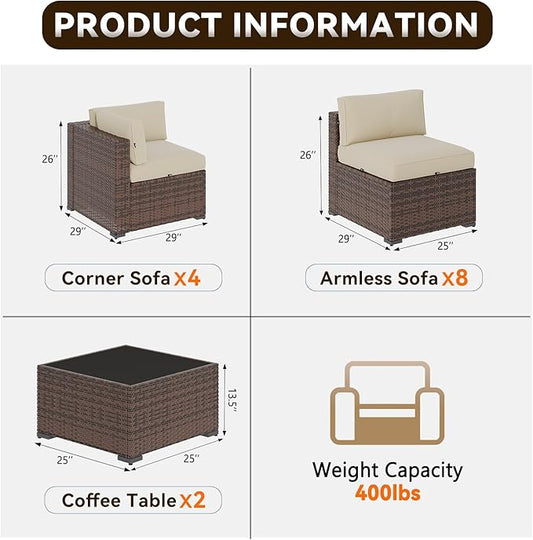 Aoxun Patio Furniture Sets, 14-Piece Outdoor Patio Furniture with 44'' Propane Gas Firepit Table, Wicker Outdoor Conversation Set Sectional Sofa for Backyard, Poolside, Garden
