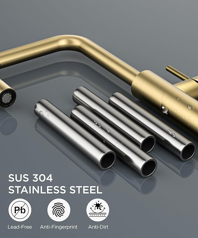 FORIOUS Gold Waterfall Kitchen Faucet with Pull Down Sprayer, 5 Spout Mode Stainless Steel Single Handle 360° Swivel Classic Kitchen Sink Faucet with Deck Plate for 1 or 3 Hole for Bar Rv