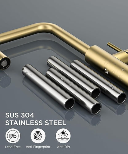 FORIOUS Gold Waterfall Kitchen Faucet with Pull Down Sprayer, 5 Spout Mode Stainless Steel Single Handle 360° Swivel Classic Kitchen Sink Faucet with Deck Plate for 1 or 3 Hole for Bar Rv