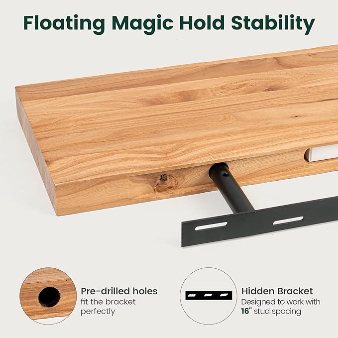 24 Inch Live Edge Floating Shelves, 8 Inch Deep Solid Elm Wood Wall Shelf, Heavy-Duty Wall Mounted Shelf with Invisible Brackets for Living Room, Bathroom, Kitchen, Set of 2, Natural Color