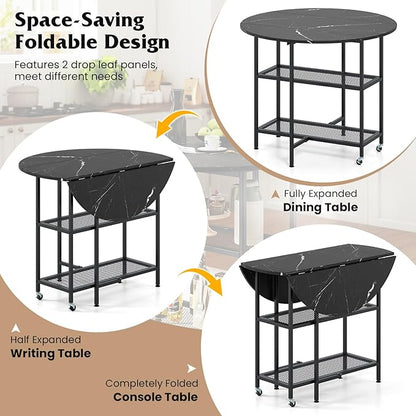 Giantex 40" Folding Dining Table with Lockable Wheels, Storage Shelves, Space-Saving Drop Leaf, Movable & Expandable Round Kitchen Table for Dinette Small Place Apartment Living Room (Black)