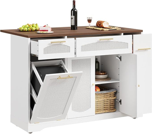 IDEALHOUSE 53.1" Rattan Kitchen Island with Storage, Rolling Dining Cart with Trash Storage Cabinet, Mobile Island Cart with Drop Leaf, Adjustable Shelves, Drawer, 5 Wheels (White)
