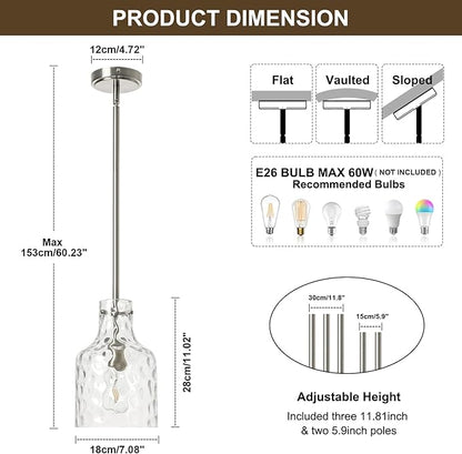 WILON Modern Glass Pendant Lighting for Kitchen Island, Farmhouse Pendant Lights for Dining Room Kitchen Sink, Adjustable Hanging Ceiling Light 7" Hammered Glass Shade, Brushed Nickel Metal Finish