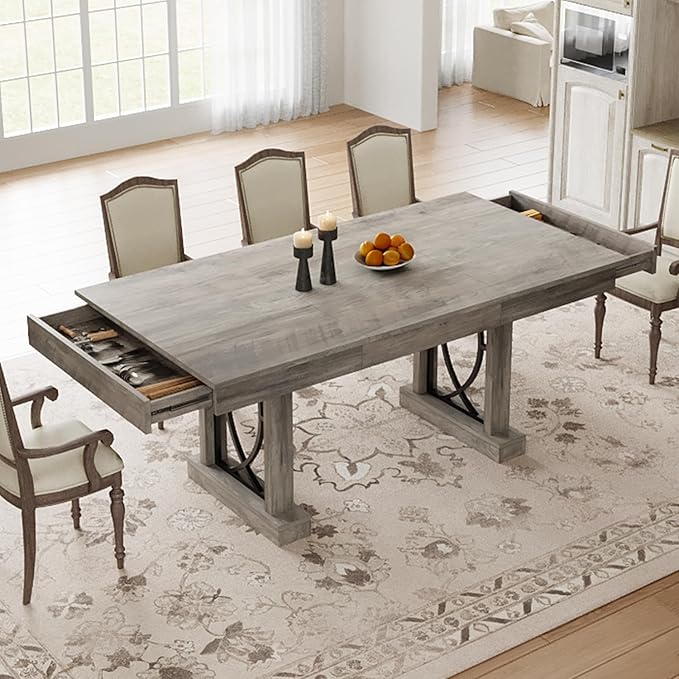 Garvee 71-Inch Wooden Kitchen Table with Two Drawers, Large Dining Table for 6-8 w/Large Tabletop & Sturdy Frame, Rectangular Dining Table with Double Pedestal, for Kitchen, Dinner