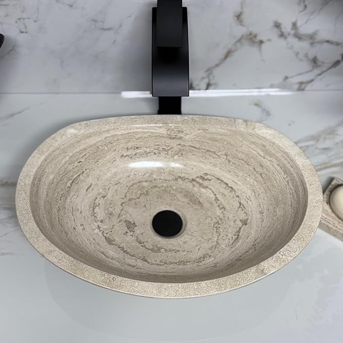 Shades of Nature Oval Travertine Vessel Sink – Natural Stone Wash Basin, Fully Polished Bathroom Sink, Above Counter Vanity Basin (Includes Matching Soap Tray)