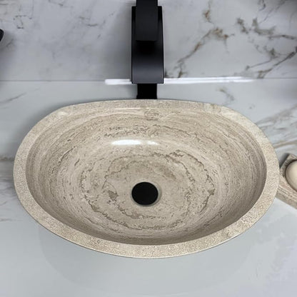 Shades of Nature Oval Travertine Vessel Sink – Natural Stone Wash Basin, Fully Polished Bathroom Sink, Above Counter Vanity Basin (Includes Matching Soap Tray)