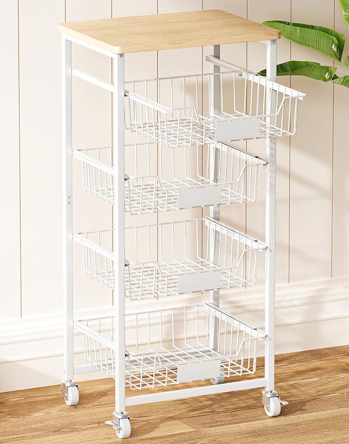 OKZEST 5-Tier Small Kitchen Storage Cart on Wheels with Pull-Out Drawers, Rolling Pantry and Snack Organizer Cart with Wood Top, Kitchen Floor Fruit Basket Stand for Fruit Potato Onion Veggie Snack