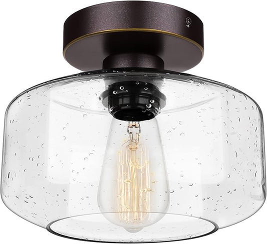 SunRider Industrial Semi-Flush Mount Ceiling Light Fixture, Seeded Glass Pendant Lamp Shade, Oil Rubbed Bronze Farmhouse Lights for Hallway Bedroom
