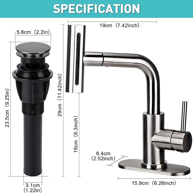 Bathroom Sink Faucet with 4 Mode Pull Down Sprayer, Matte Grey Single Handle Pull Out Faucet with Pop-Up Drain, 1 or 3 Hole Laundry Bar Basin Faucet with Deck Plate
