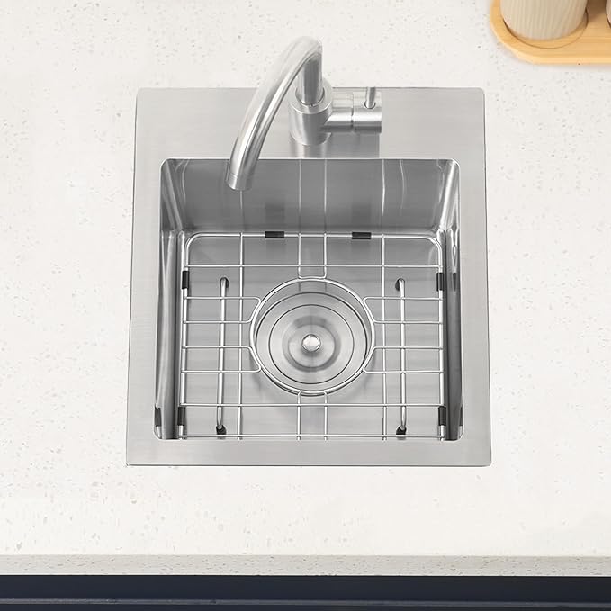 Hotis 15x15 Inch Drop In Bar Sink, Brushed Nickel Stainless Steel Topmount Small RV Kitchen Sinks, Wet Bar Sink For Outdoor, RV, and Outdoor Yard with Dish Grid and Basket Strainer