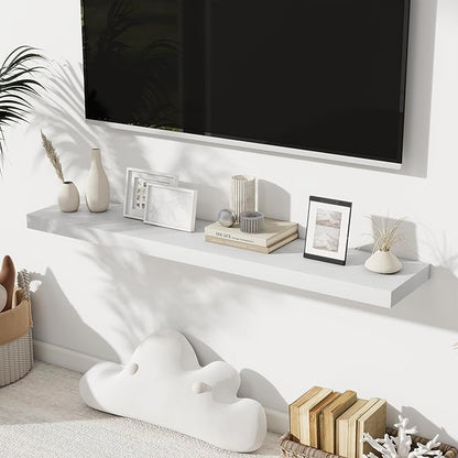 Fun Memories 48 Inch Floating Shelves for Wall 8 Inch Deep White Shelves Set of 2, Wall Mounted Rustic Wood Long Floating Shelf, Large Display & Storage Shelf with Invisible Brackets