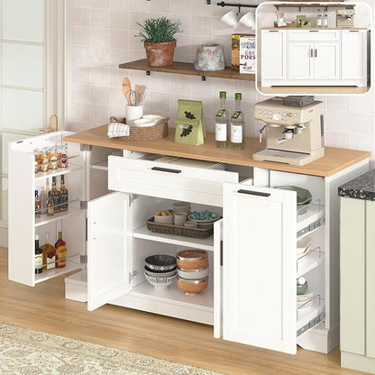 53.7'' Multi-Functional Storage Sideboard with Adjustable Shelves, Mid-Century Modern Console Table with 3-Tier Pull-Out Rack, Kitchen Island for Kitchen, Dining Room and Living Room (White)