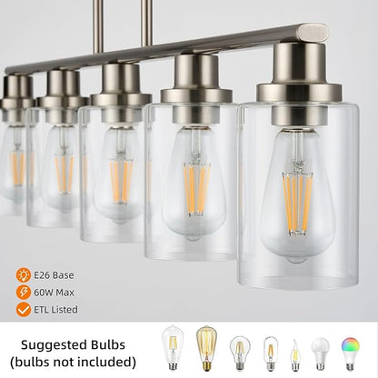 Kitchen Island Pendant Lighting, 5-Light Farmhouse Dining Room Light Fixture Over Table, Brushed Nickel Finish with Clear Glass Shade, Rustic Industrial Linear Chandelier for Kitchen Island