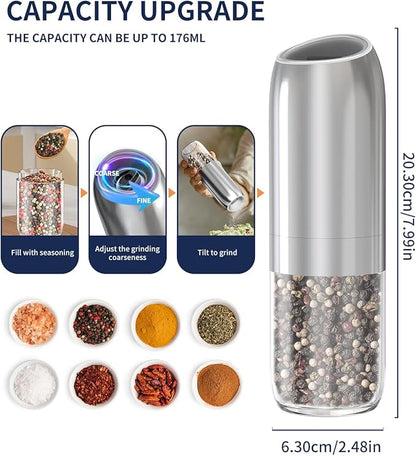 CIRCLE JOY Gravity Electric Salt and Pepper Grinder Set, Battery Powered Automatic Pepper Mills with Adjustable Coarseness, One Hand Operation, 176ml Large Container, Silver - Includes 8 Batteries