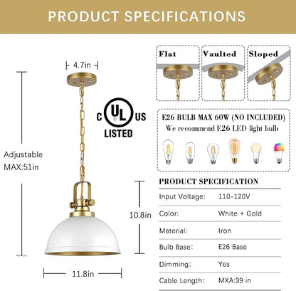 White and Gold Pendant Lights Kitchen Island 2 Pack, Modern Matte White Dome Pendant Lighting Industrial Light Fixture for Kitchen Living Dining Room Restaurant Hallway Entrance