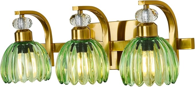 Vintage Bathroom Vanity Light Fixture 3 Lights Gold Bathroom Lighting with Green Glass Shade Mid Century Vanity Light Over Mirror for Kitchen Bedroom Living Room Farmhouse