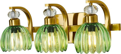Vintage Bathroom Vanity Light Fixture 3 Lights Gold Bathroom Lighting with Green Glass Shade Mid Century Vanity Light Over Mirror for Kitchen Bedroom Living Room Farmhouse