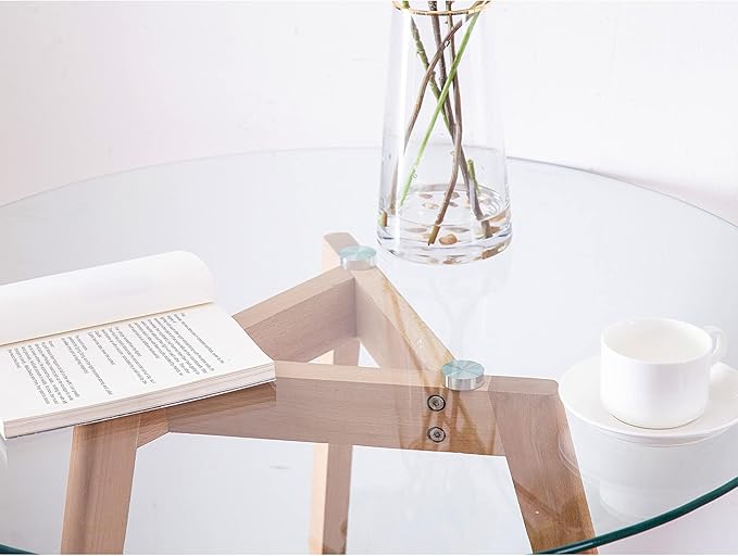 ivinta Round Dining Table for 4 People, 31.5" Modern Glass Kitchen Table with Tempered Glass Top and Wooden Legs for Dining Room, Living Room, RD-DT (Natural Wood)