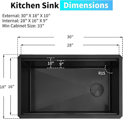 Black Undermount Kitchen Sink 30 inch,16 Gauge Stainless Steel Sinks,Single Bowl Workstation Sink,Modern Kitchen Sink Offset Drain (30" X 18")
