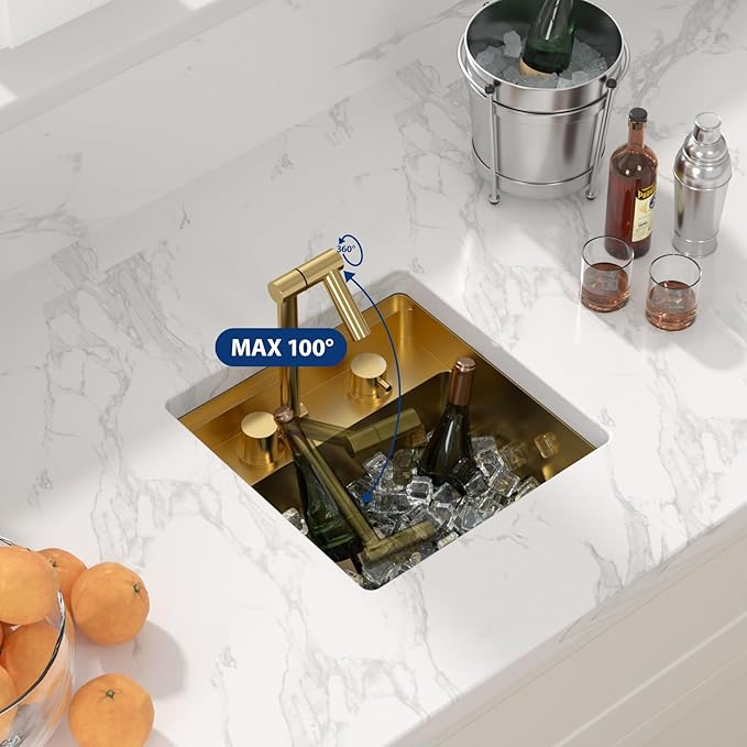 Sarlai Outdoor Sink, 15x15 Inch Gold Undermount Kitchen Sink Workstation with Foldable Faucet Bar Prep Single Bowl Gold Kitchen Sinks16 Gauge Stainless Steel BBQ Sinks with Cover 15"x15"x9"
