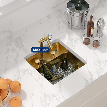 Sarlai Outdoor Sink, 15x15 Inch Gold Undermount Kitchen Sink Workstation with Foldable Faucet Bar Prep Single Bowl Gold Kitchen Sinks16 Gauge Stainless Steel BBQ Sinks with Cover 15"x15"x9"